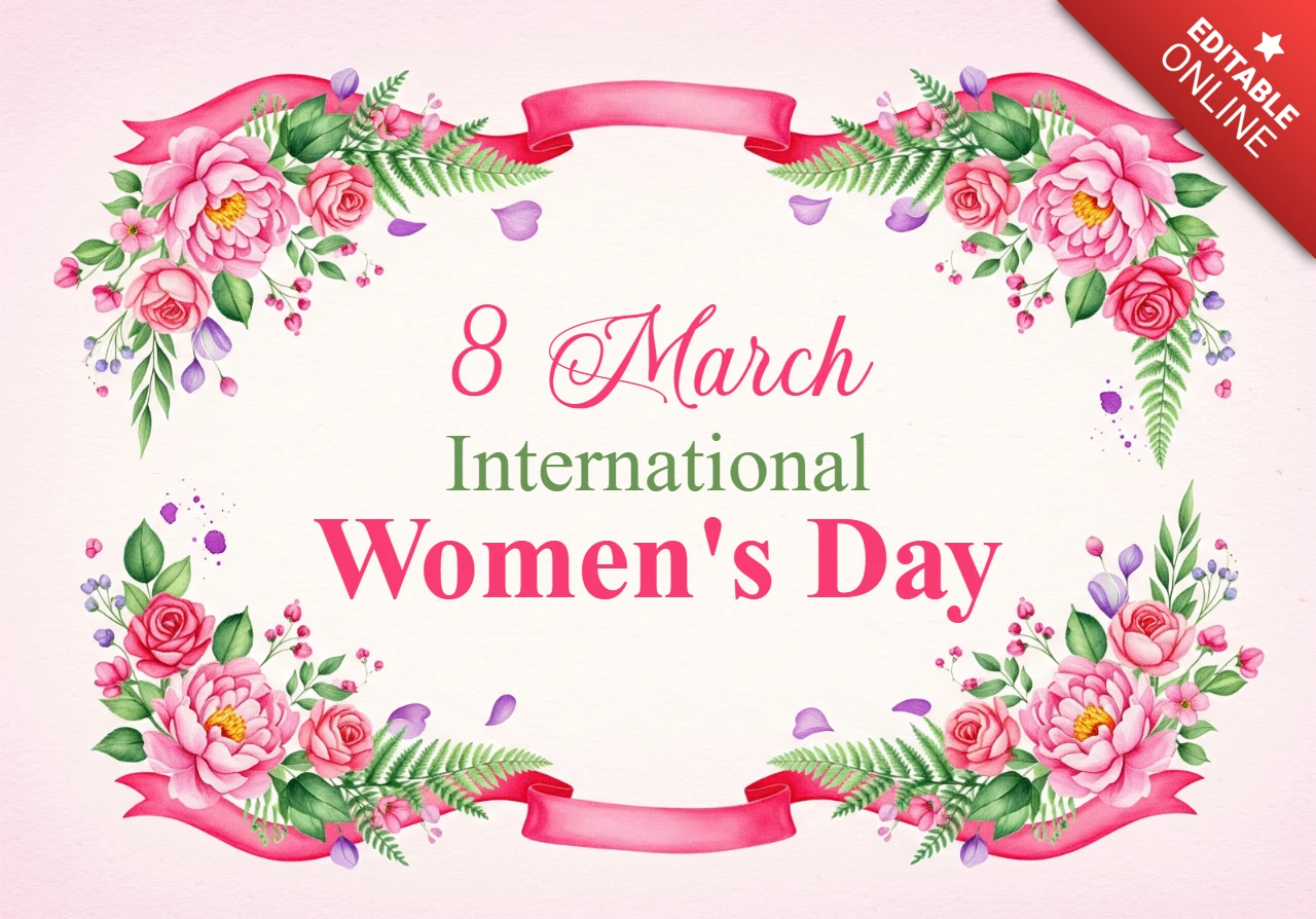 Happy International Women’s Day Card Template with Roses, Floral Border, and Festive Pastel Background