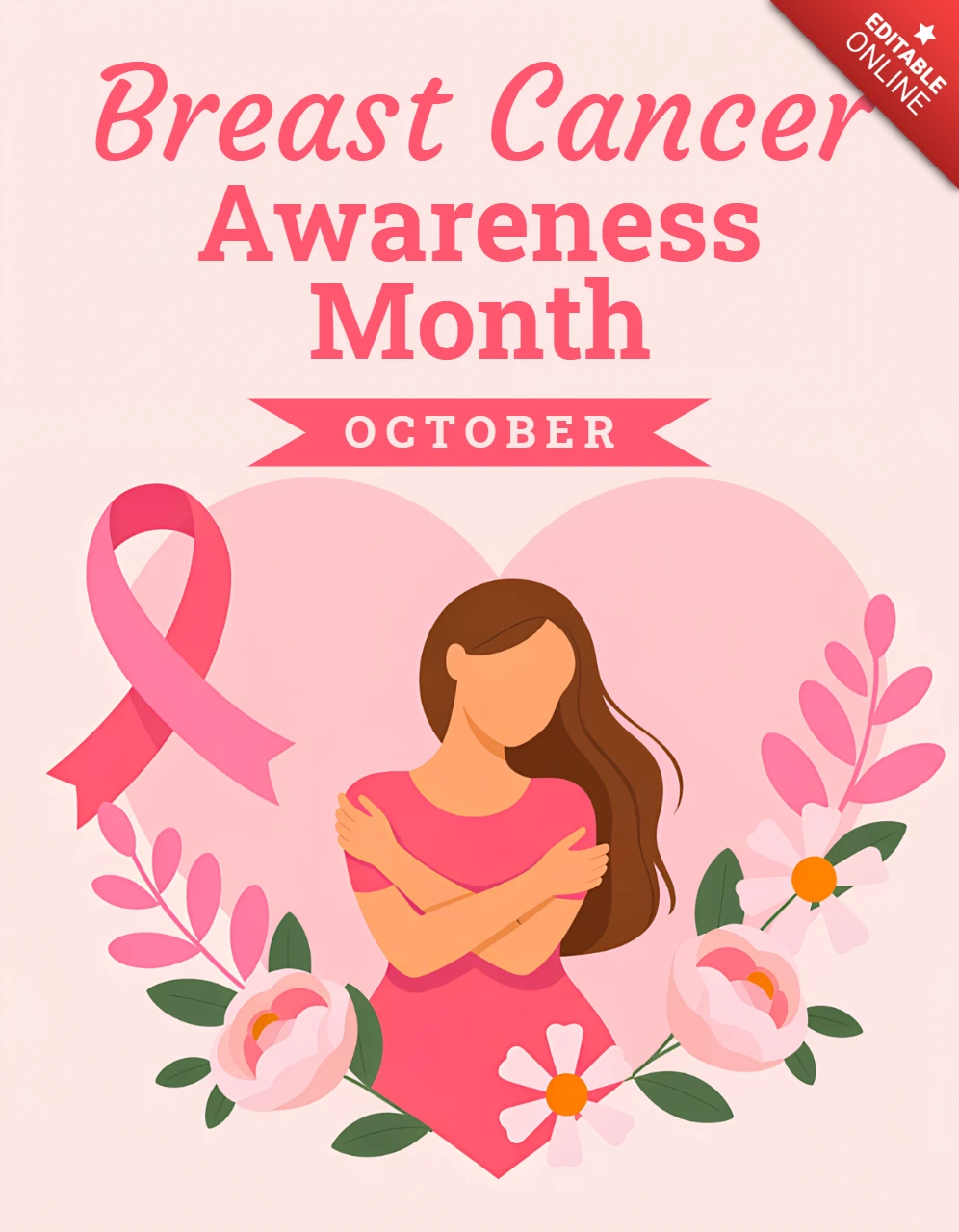 Breast Cancer Awareness Month Design Template with Floral Elements for Posters