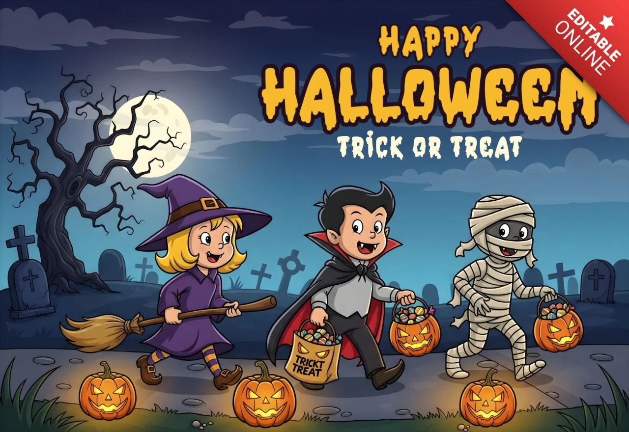 Straszny plakat na Halloween z dziećmi przebranymi za czarownice, wampiry i mumie na cmentarzu z świecącymi dyniami i pełnią księżyca, szablon projektu do festiwalowych ulotek.