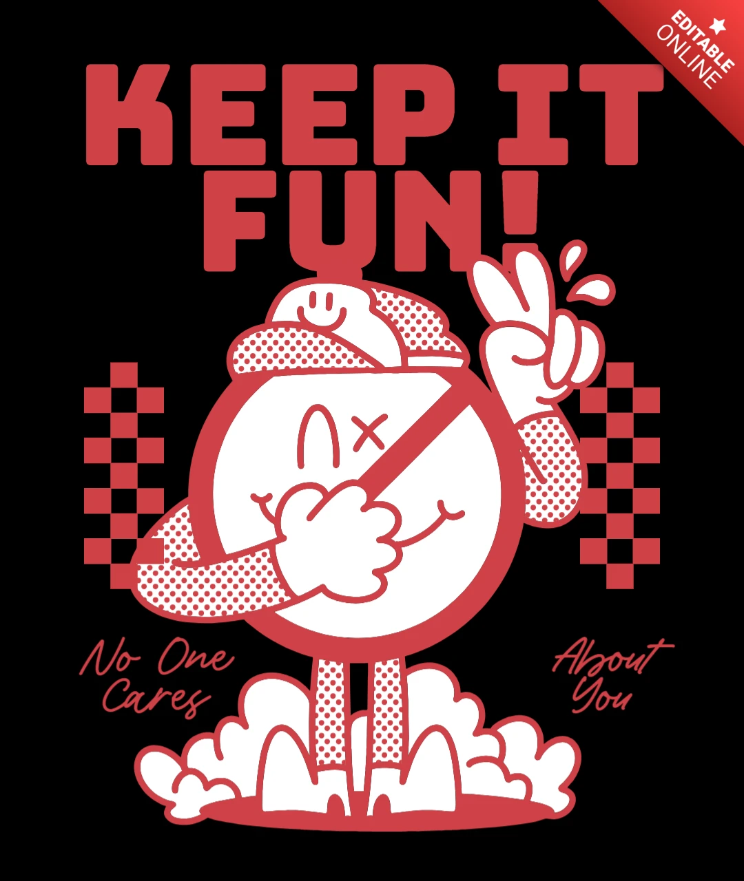 楽しさを保とう!遊び心のあるキャラクターと考えさせるメッセージのTシャツデザインテンプレート