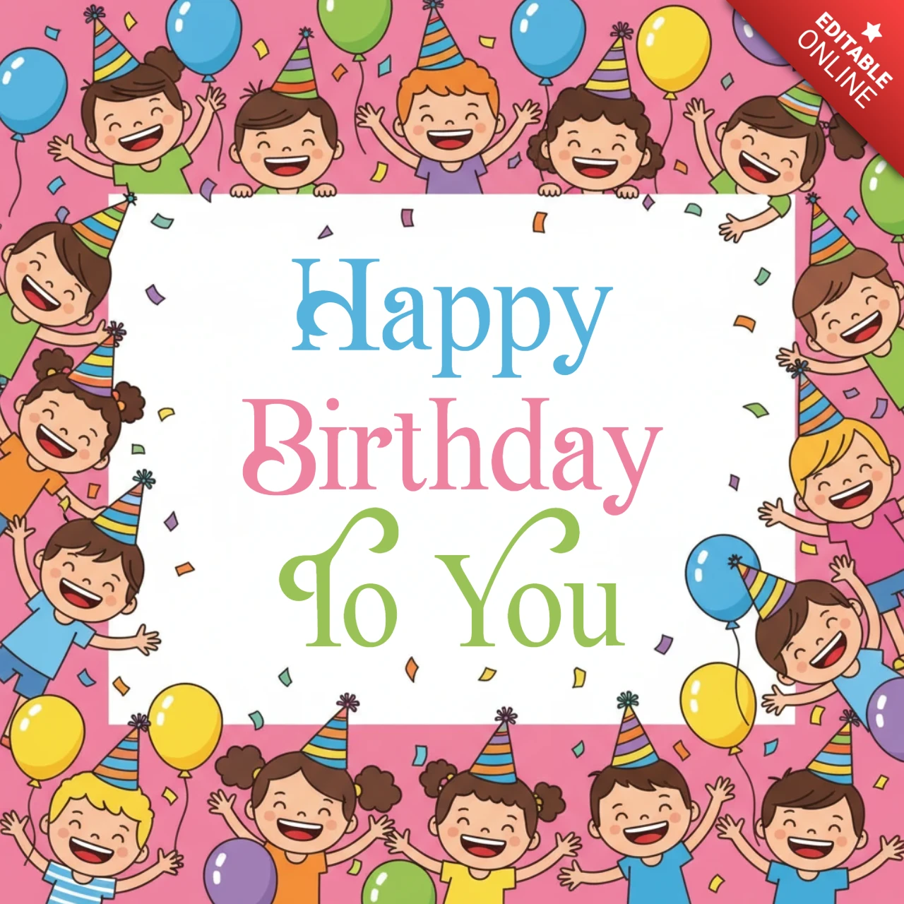 Cartel de felicitación de cumpleaños con fondo rosa, globos, confeti y deseos alegres de cumpleaños para niños.