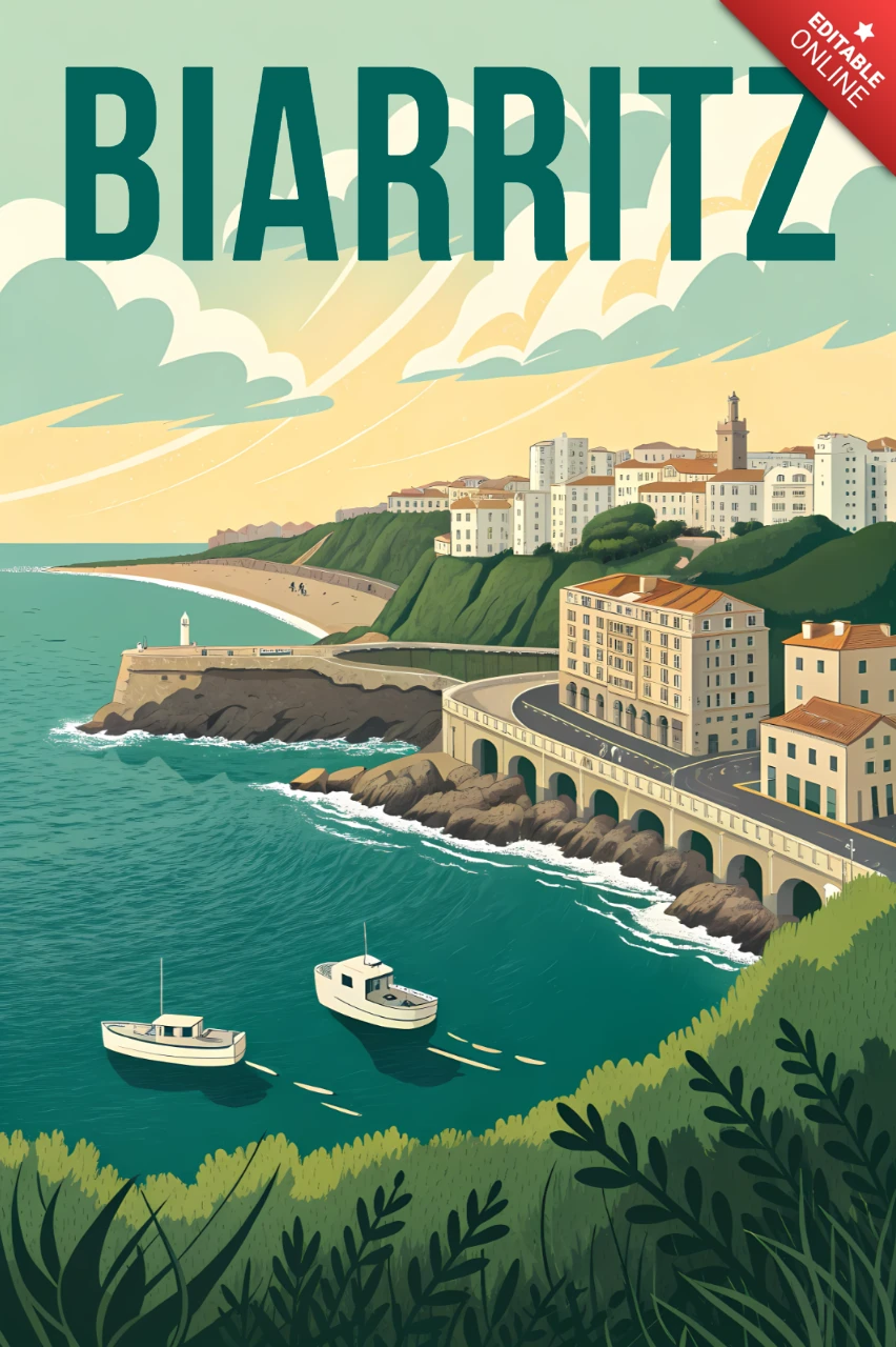 Modèle de design côtier vintage Biarritz pour affiches de voyage