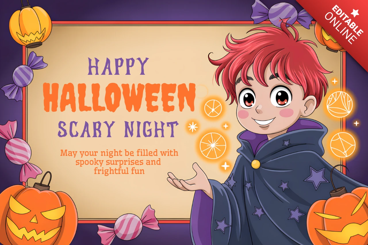 Modello di design di Halloween modificabile con ragazzo manga e zucca per inviti a feste