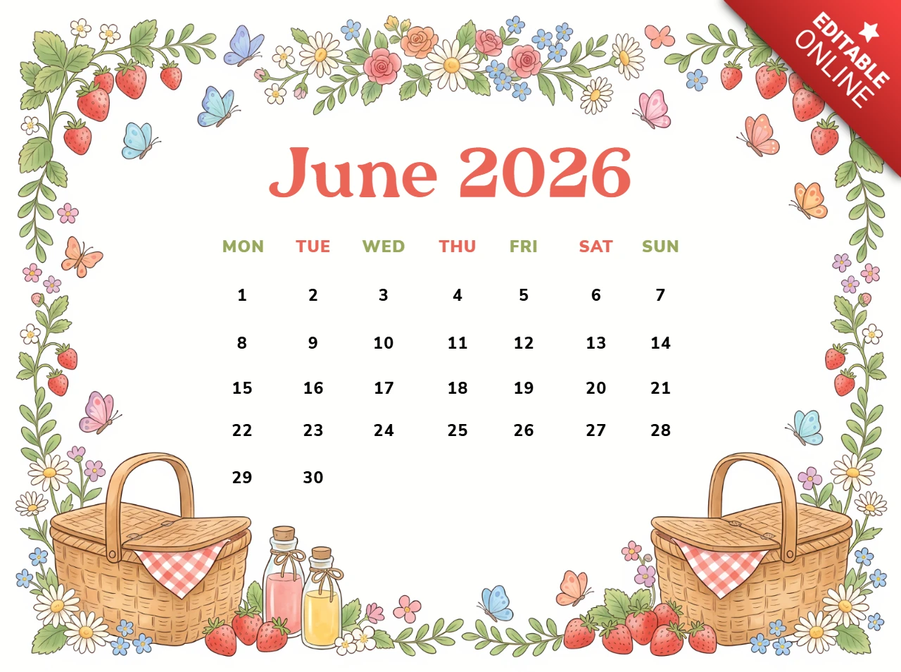 Calendario mensile di giugno 2026 con tema giardino di fragole e cesto da picnic