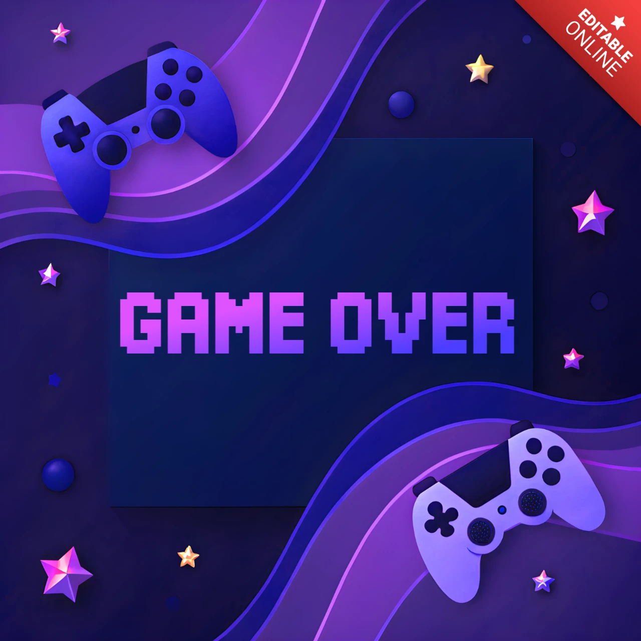 Modèle de design "Game Over" avec des manettes de jeu et un fond étoilé