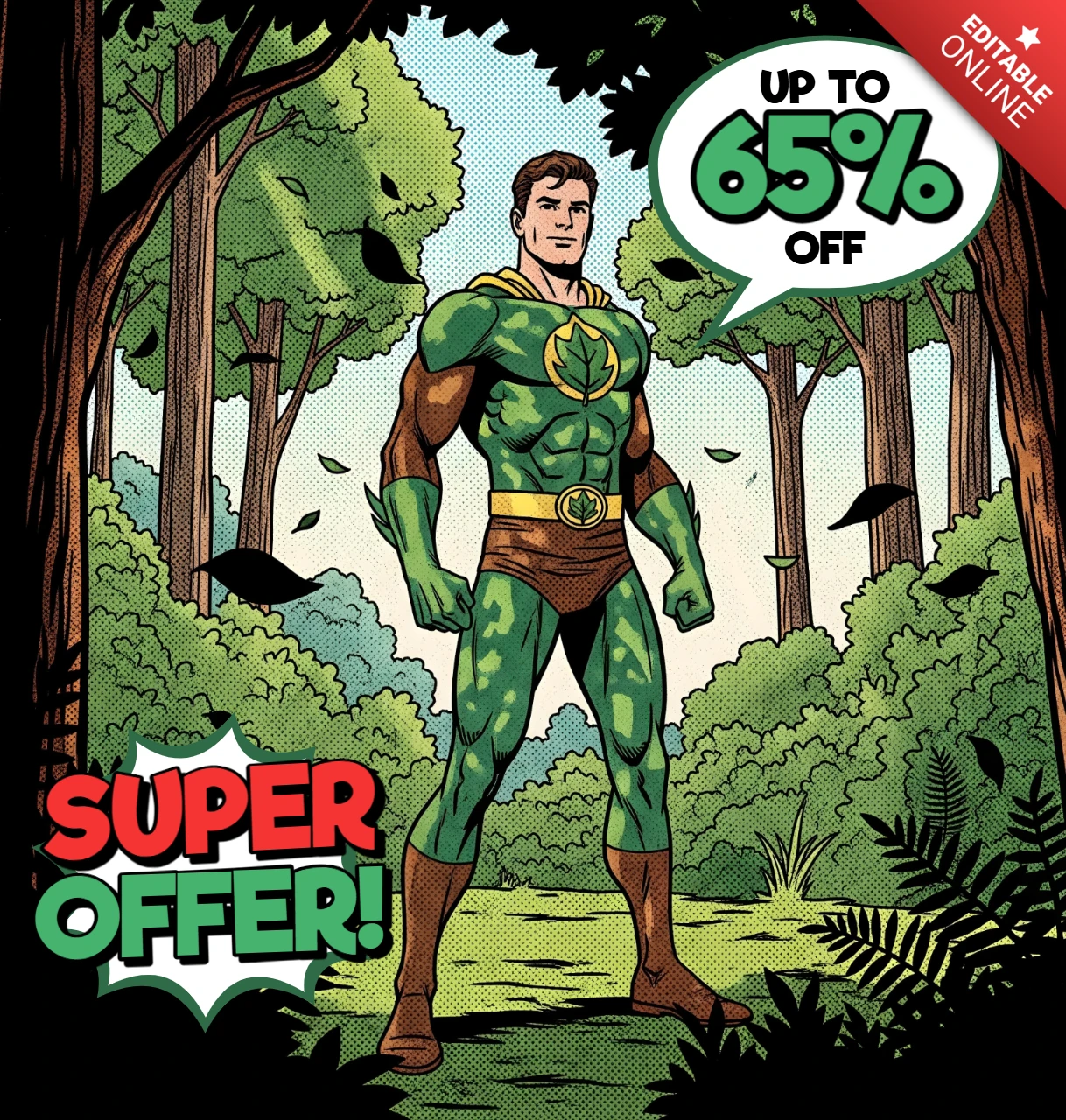 Cena de venda de super-herói em quadrinhos com tema da natureza, com fundo de floresta e design de chamada para desconto para folhetos promocionais.