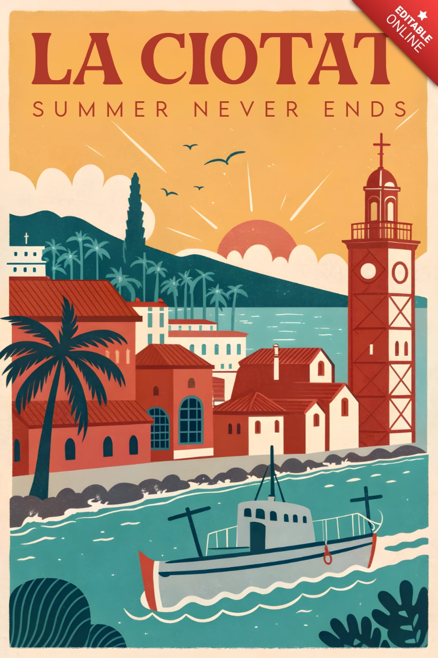 Vintage Retro Flat Coastal Design for Travel Posters Featuring La Ciotat