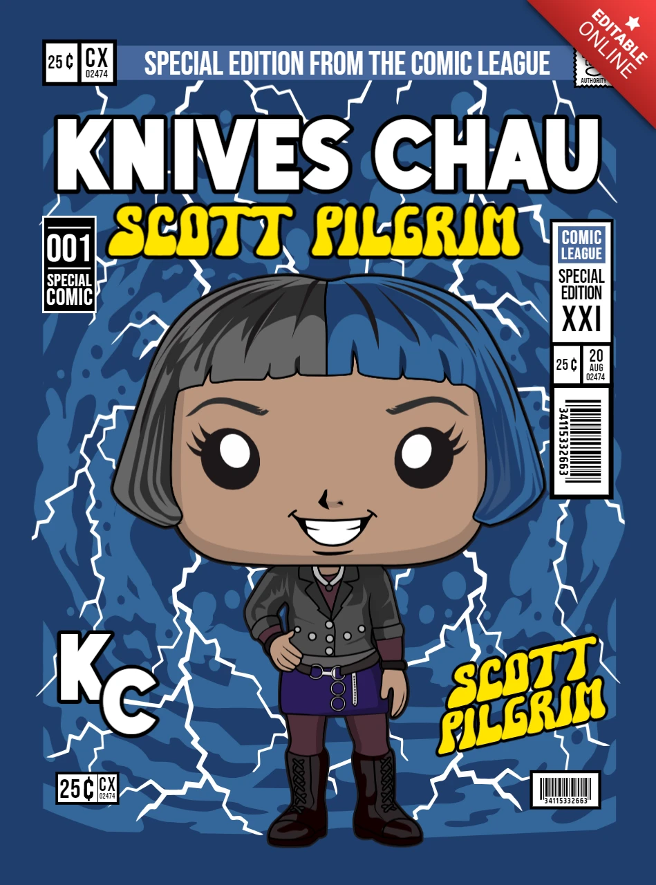 Knives Chau Scott Pilgrim Cartoon Character Magazine Cover Design Template