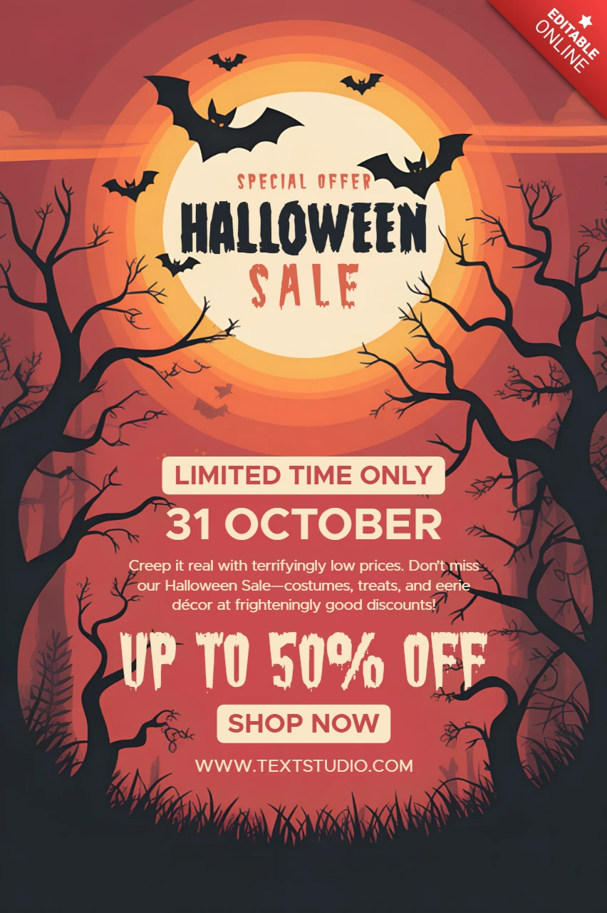 Straszny szablon ulotki na sprzedaż halloweenową z designem nietoperzy i przerażających drzew