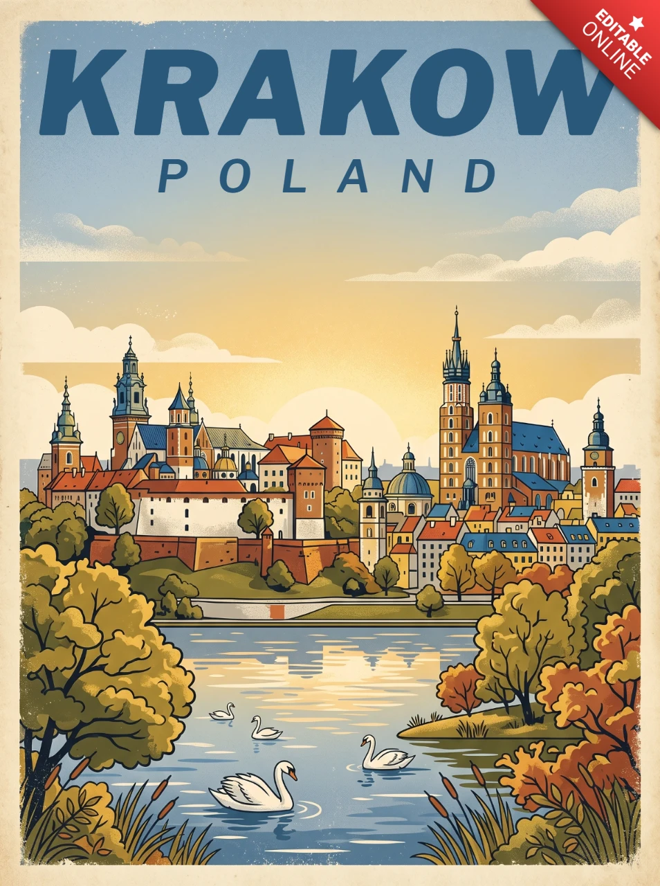 Krakow Poland Historic City Center Vintage Retro Travel Poster Wawel Castle Riverside Sunset Autumn Atmosphere Design