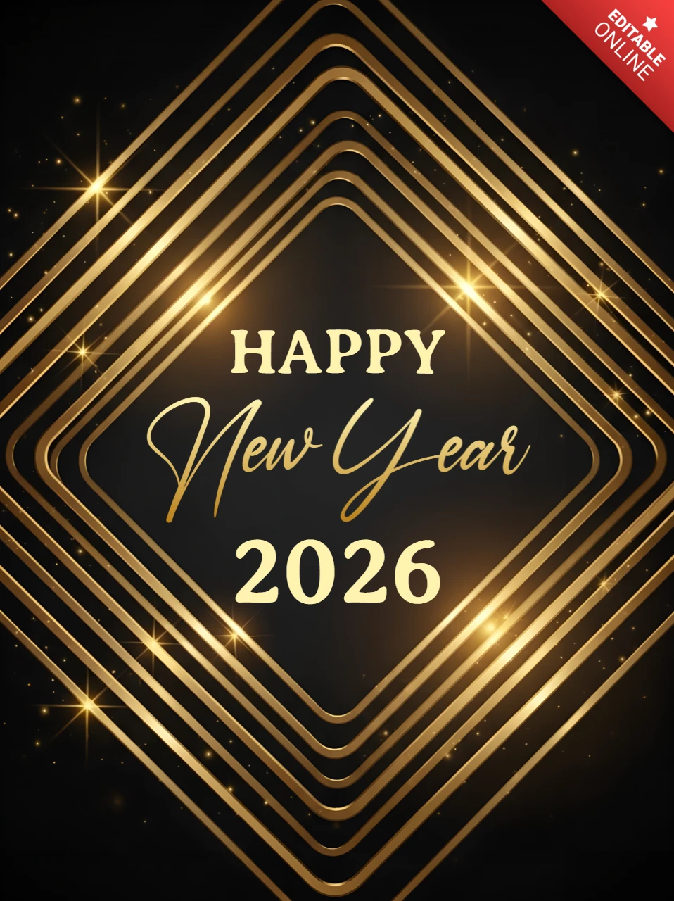 Elegante Neujahrskarte 2026 Vorlage mit goldenen Funkel-Design