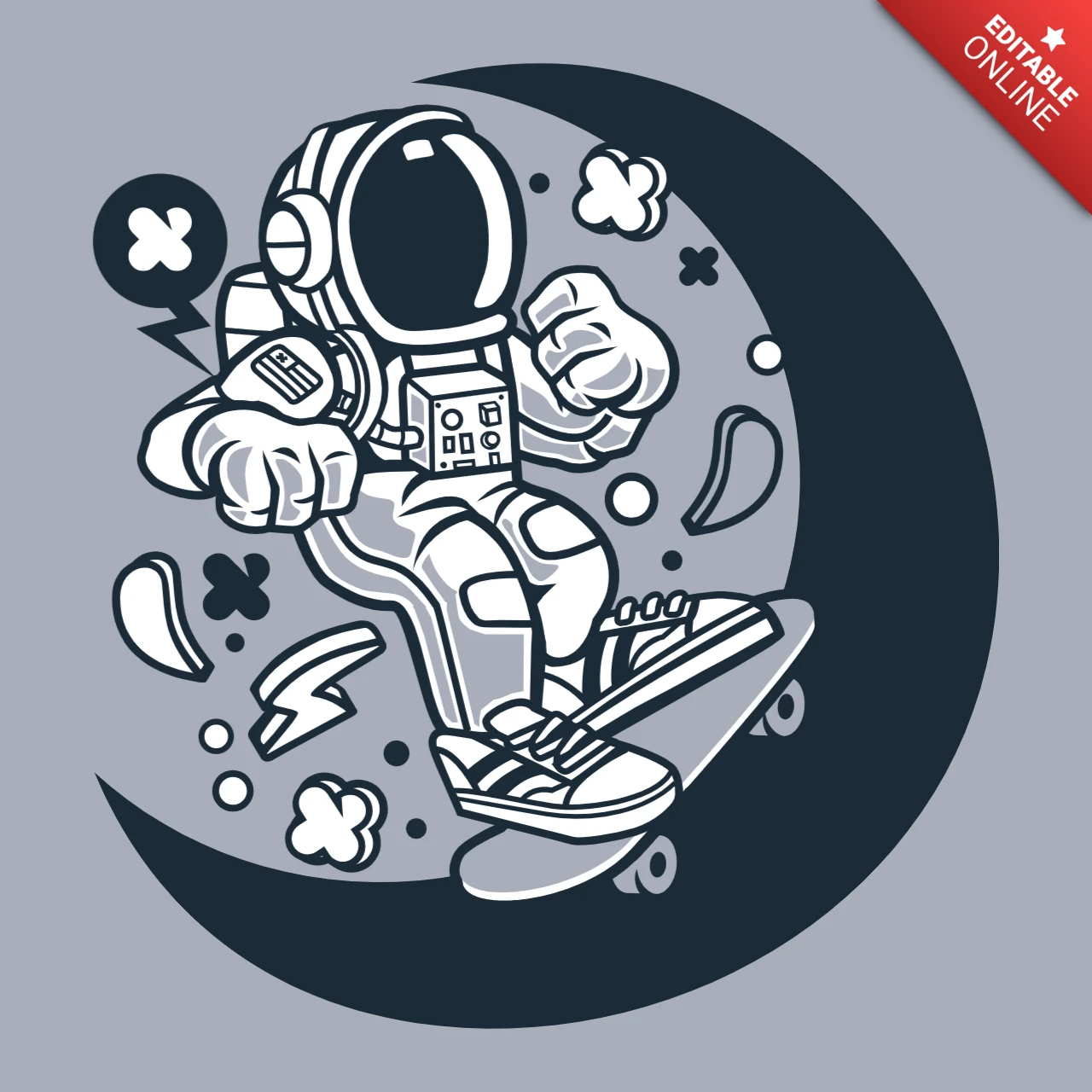 Astronaut Skateboarding Cartoon Character T-Shirt Design Template