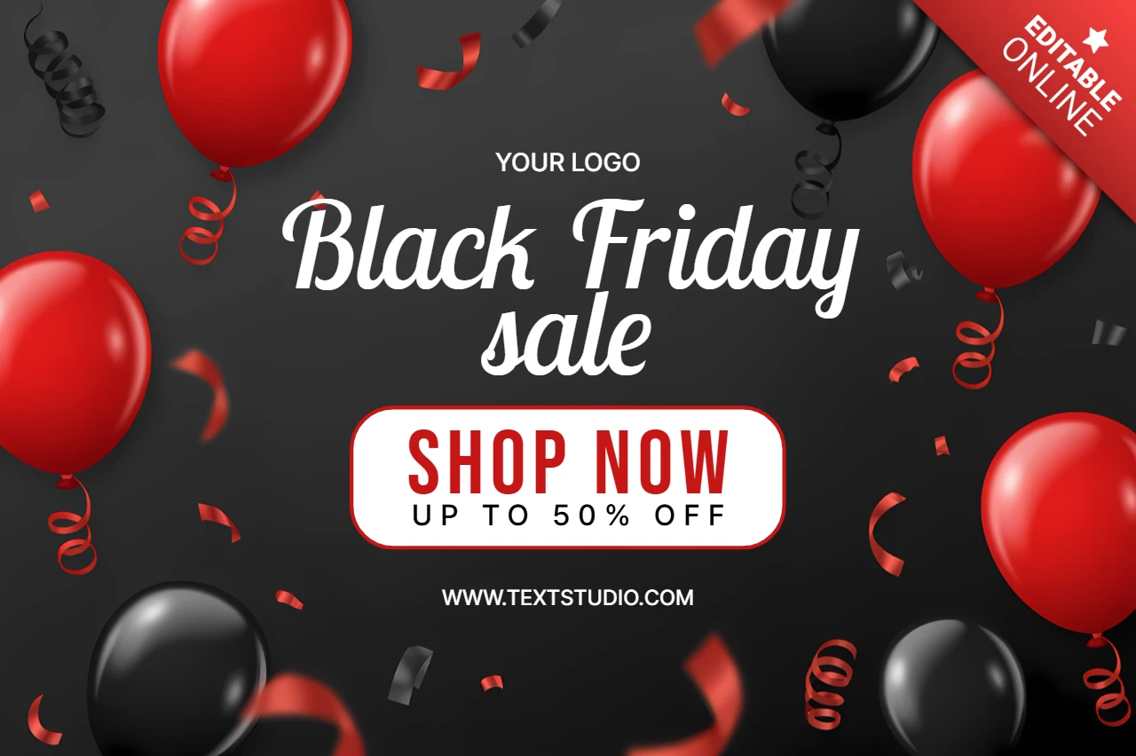 Modelo de design de venda da Black Friday com balões e confete para folhetos promocionais.