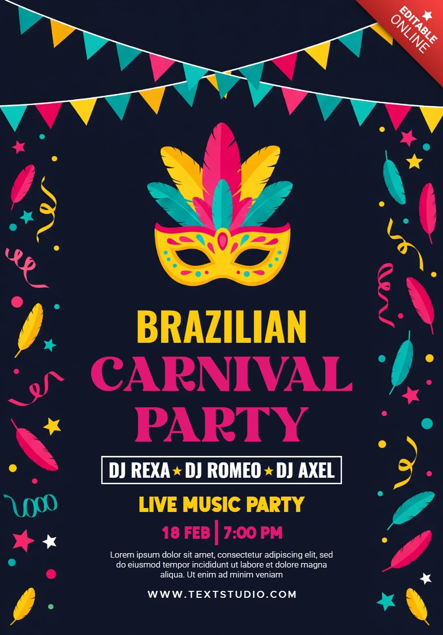 ブラジルのカーニバルパーティーポスター、暗い背景に羽根のマスク、ストリーマー、DJラインナップ