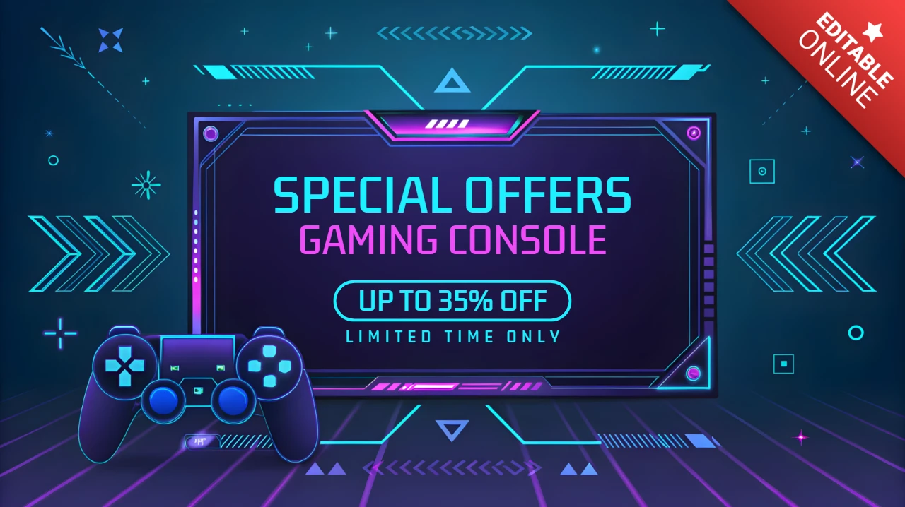 Neon gamingconsole promotiesjabloon met retro futuristisch ontwerp