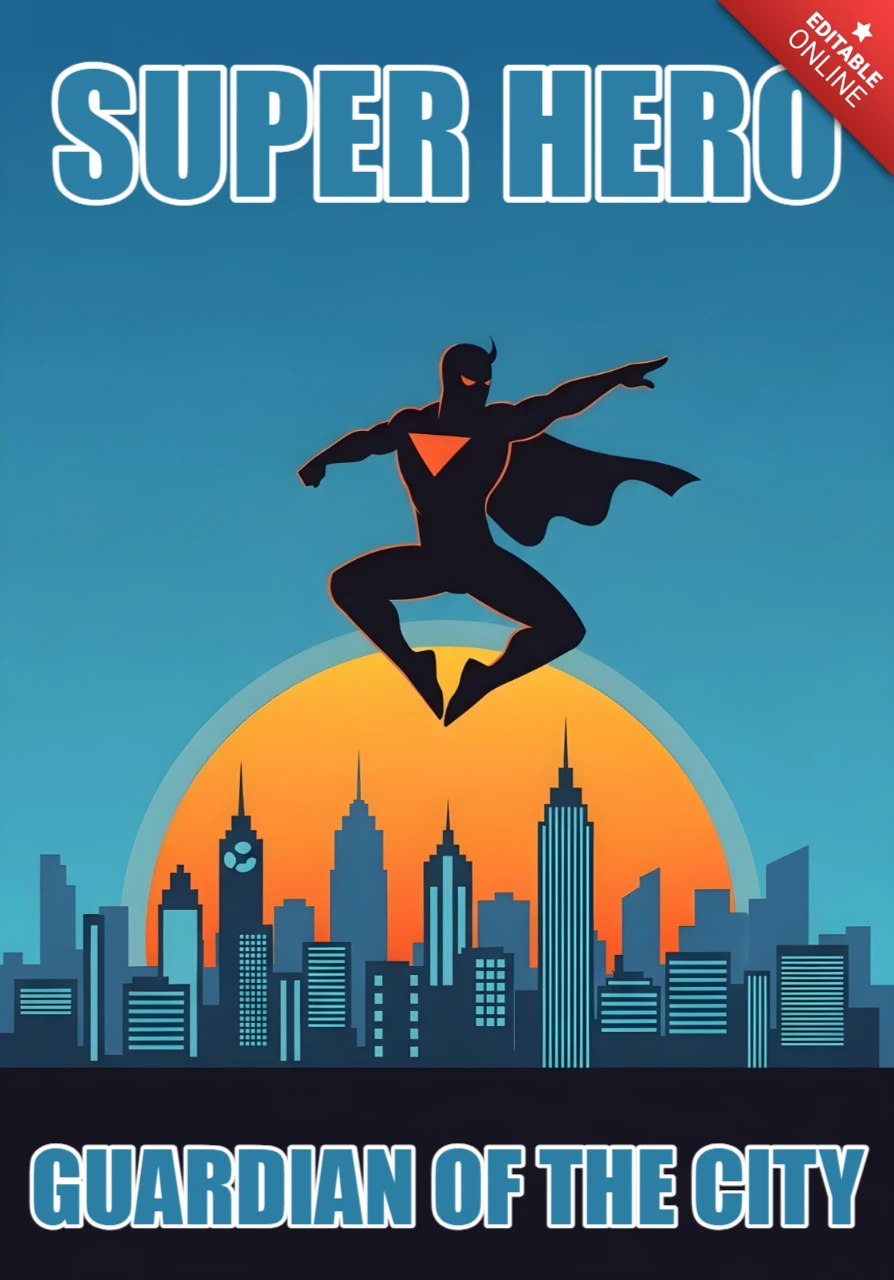 Guardiano della città silhouette di supereroe volando sopra il design del poster dello skyline urbano