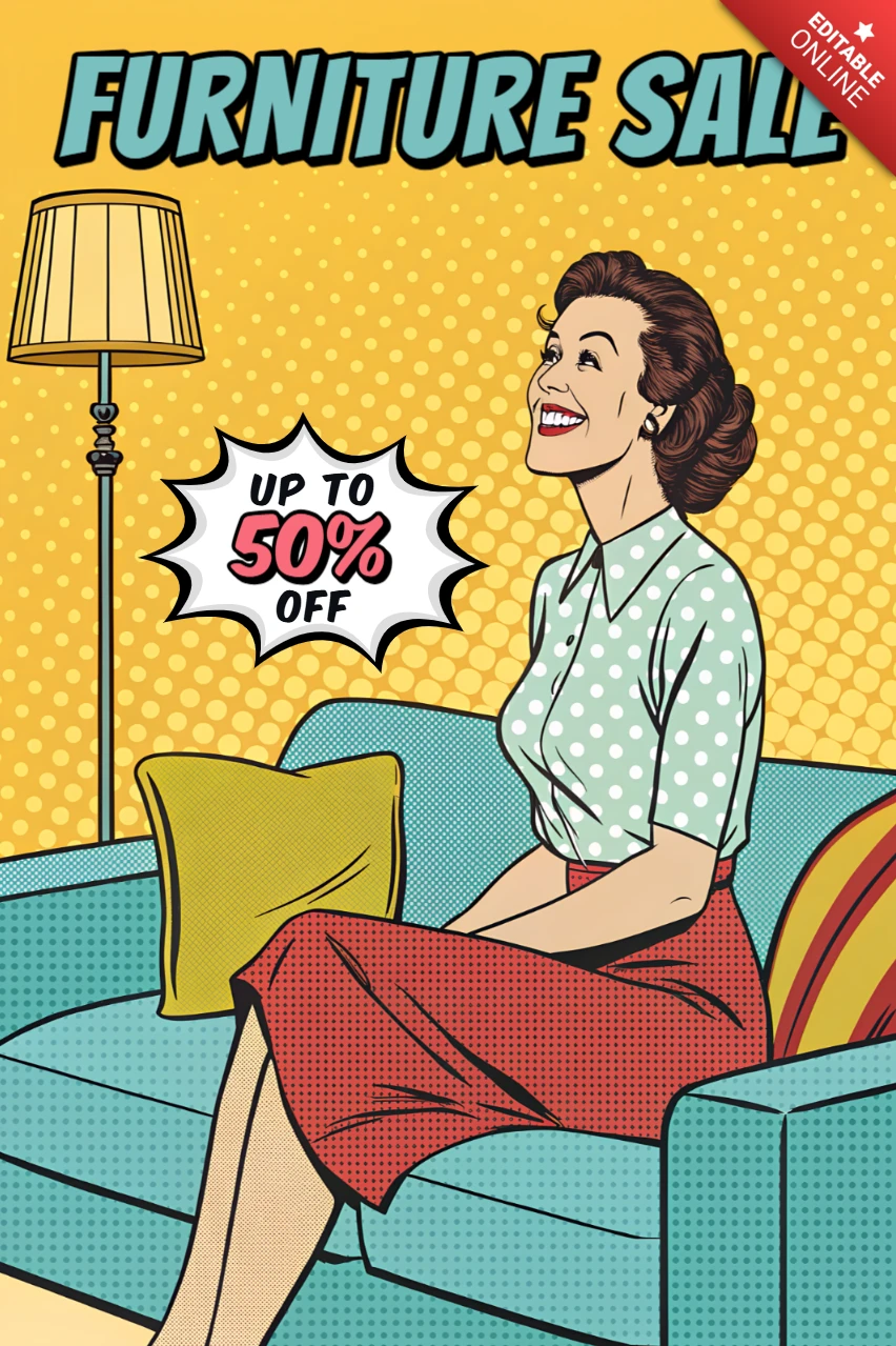 Modèle de flyer de vente de meubles rétro pop art avec design de femme vintage