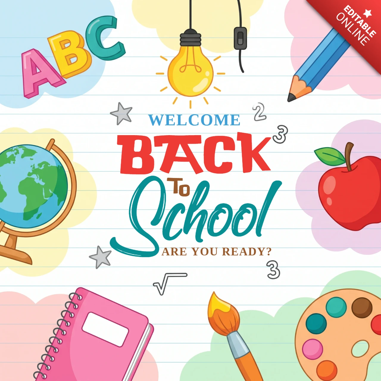 Colorful back to school greeting card with educational supplies like a globe, pencil, apple, and notebook