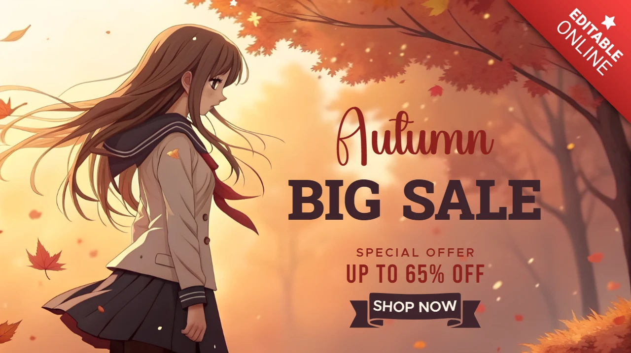Herbstverkaufsdesignvorlage mit Anime-Mädchen und fallenden Blättern für einen Werbeflyer