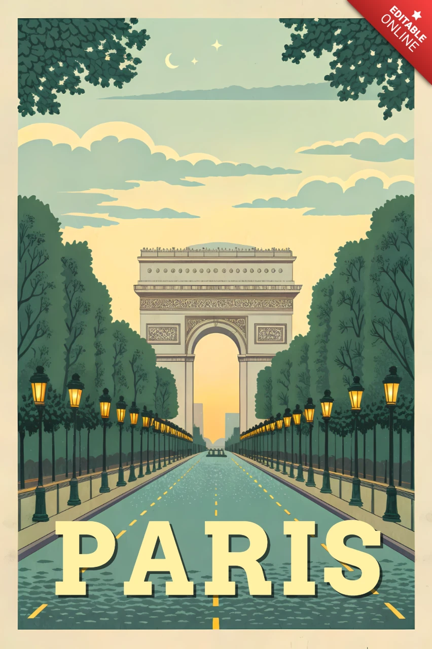 Plantilla de diseño de ilustración vintage del arco de triunfo de París para carteles