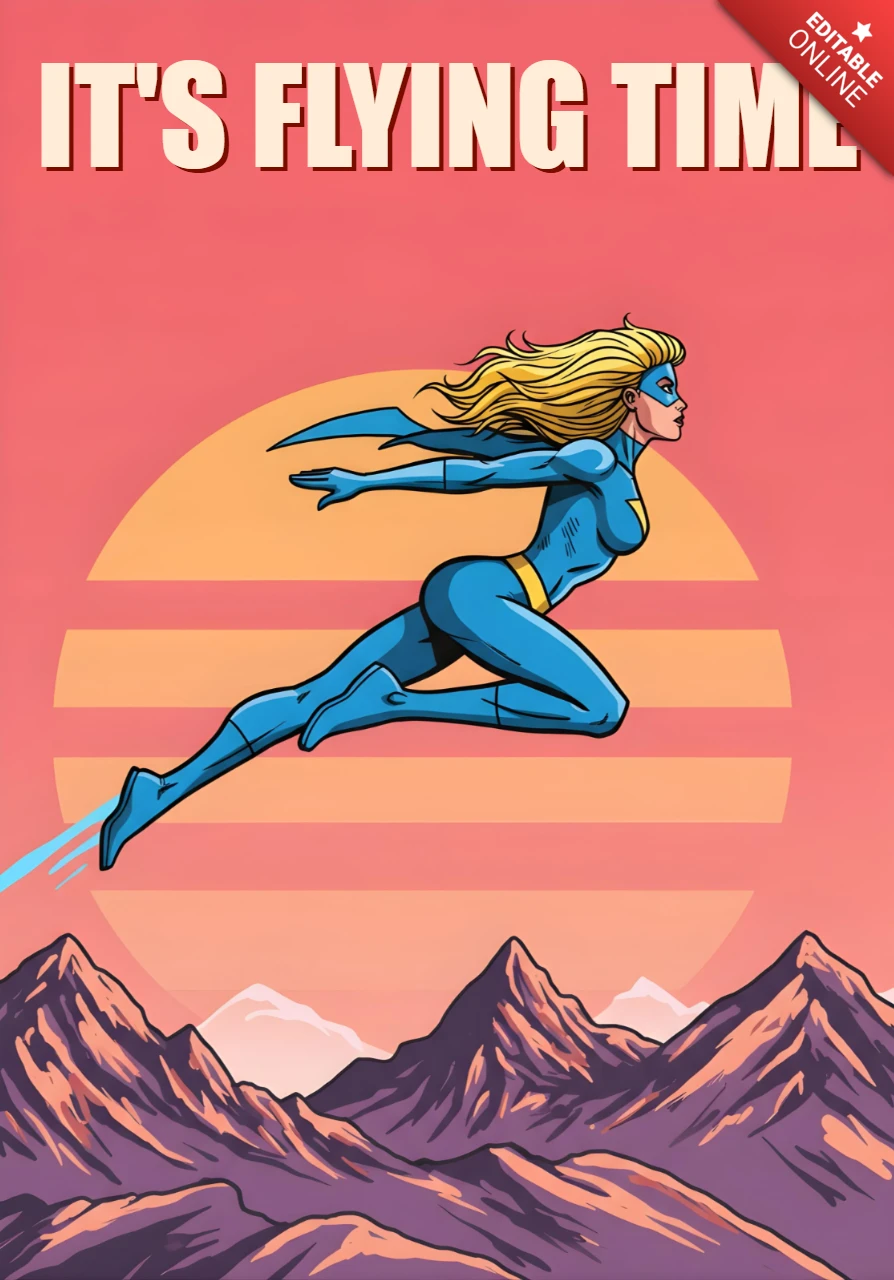 Es hora de volar, héroe rubio en traje azul sobre el atardecer y las montañas, plantilla de diseño de cartel.