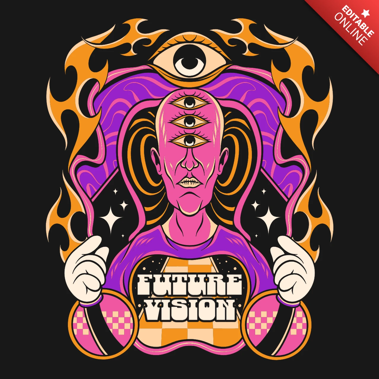Template de design de t-shirt d'art surréaliste psychédélique de vision futuriste