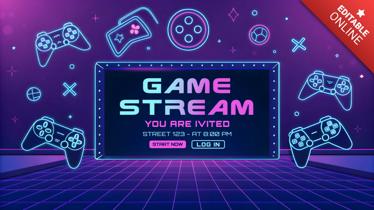 Retrowave Neon Game Stream Invitation Template for Gamers with 80s Design