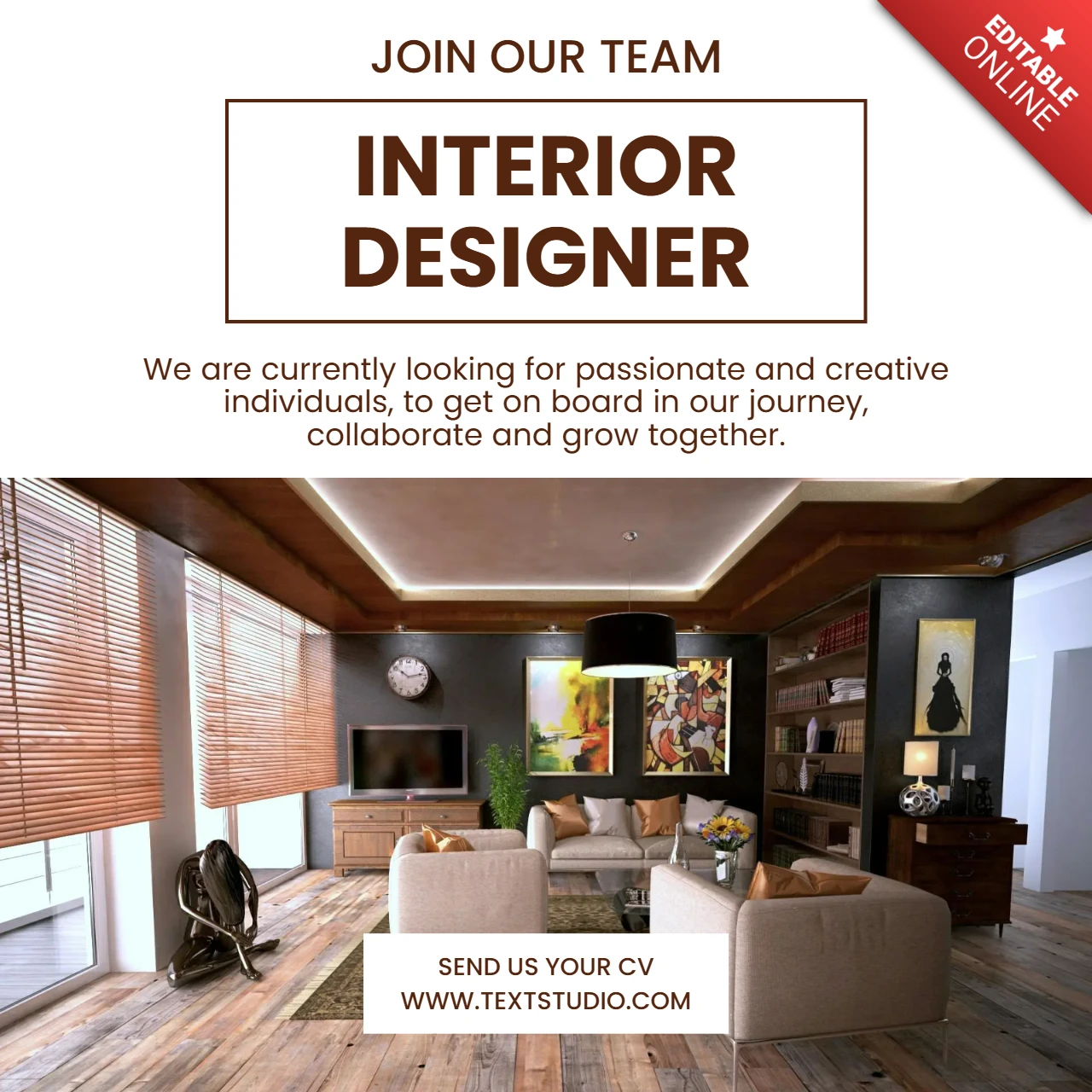 Modèle de recrutement de designer d'intérieur moderne pour professionnels créatifs