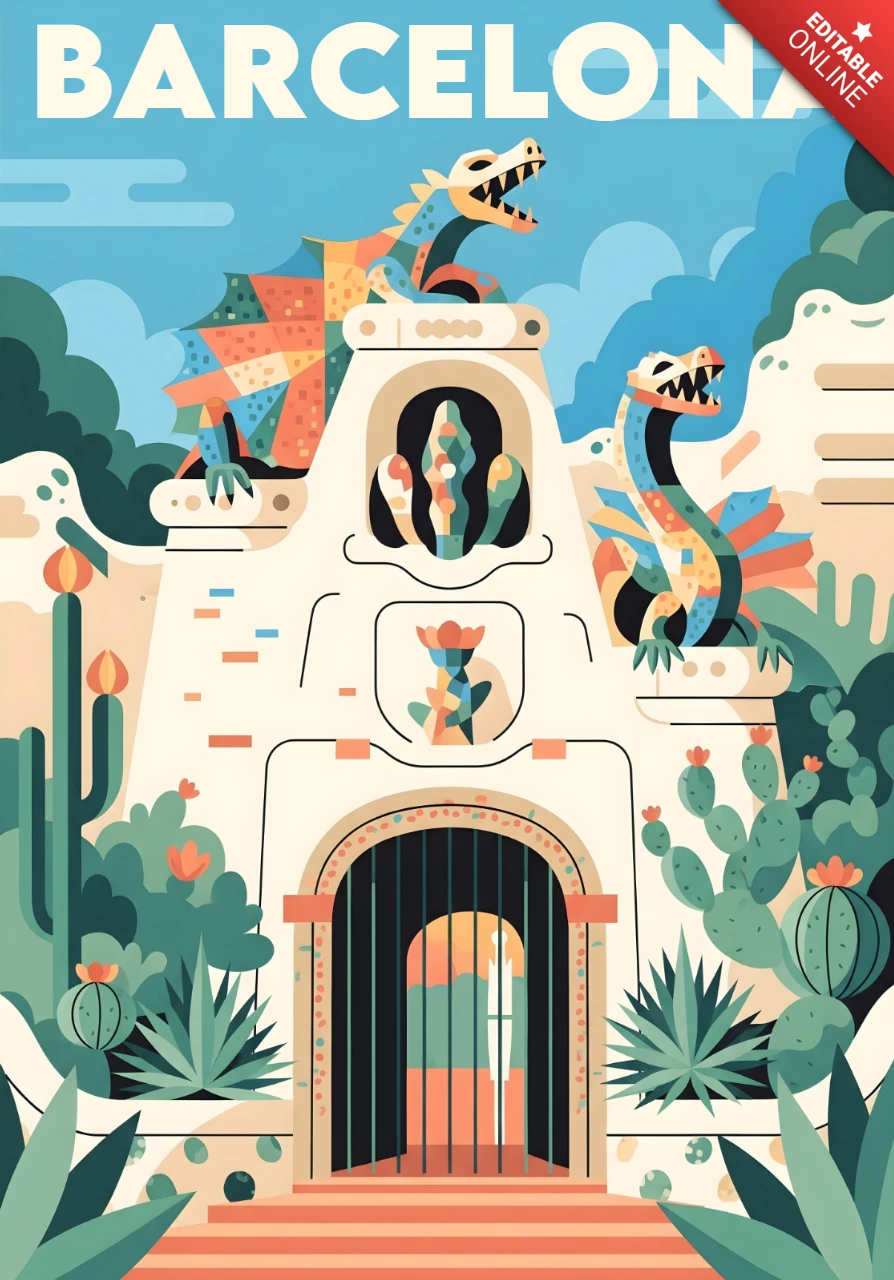 Park Güell Eingang mit Mosaikdrachen und mediterranen Pflanzen Designvorlage für Reiseposter Barcelona