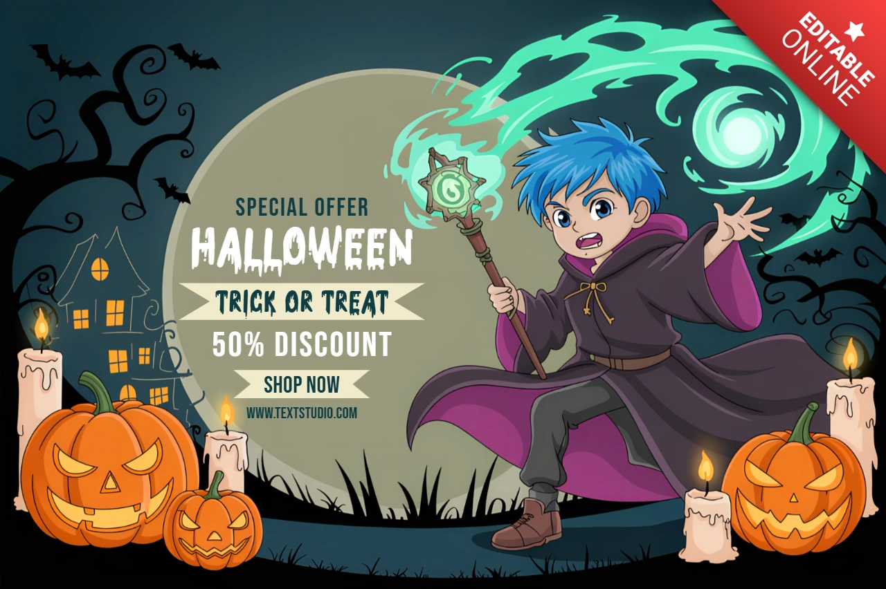 Plantilla de diseño de Halloween caprichosa con un mago mágico y calabazas para volantes.