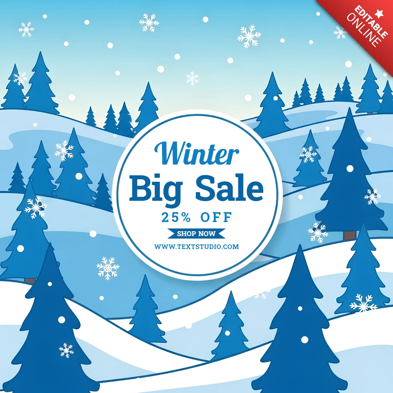 Winter Sale Design Template with Snowy Landscape and Pine Trees for Promotional Flyers
