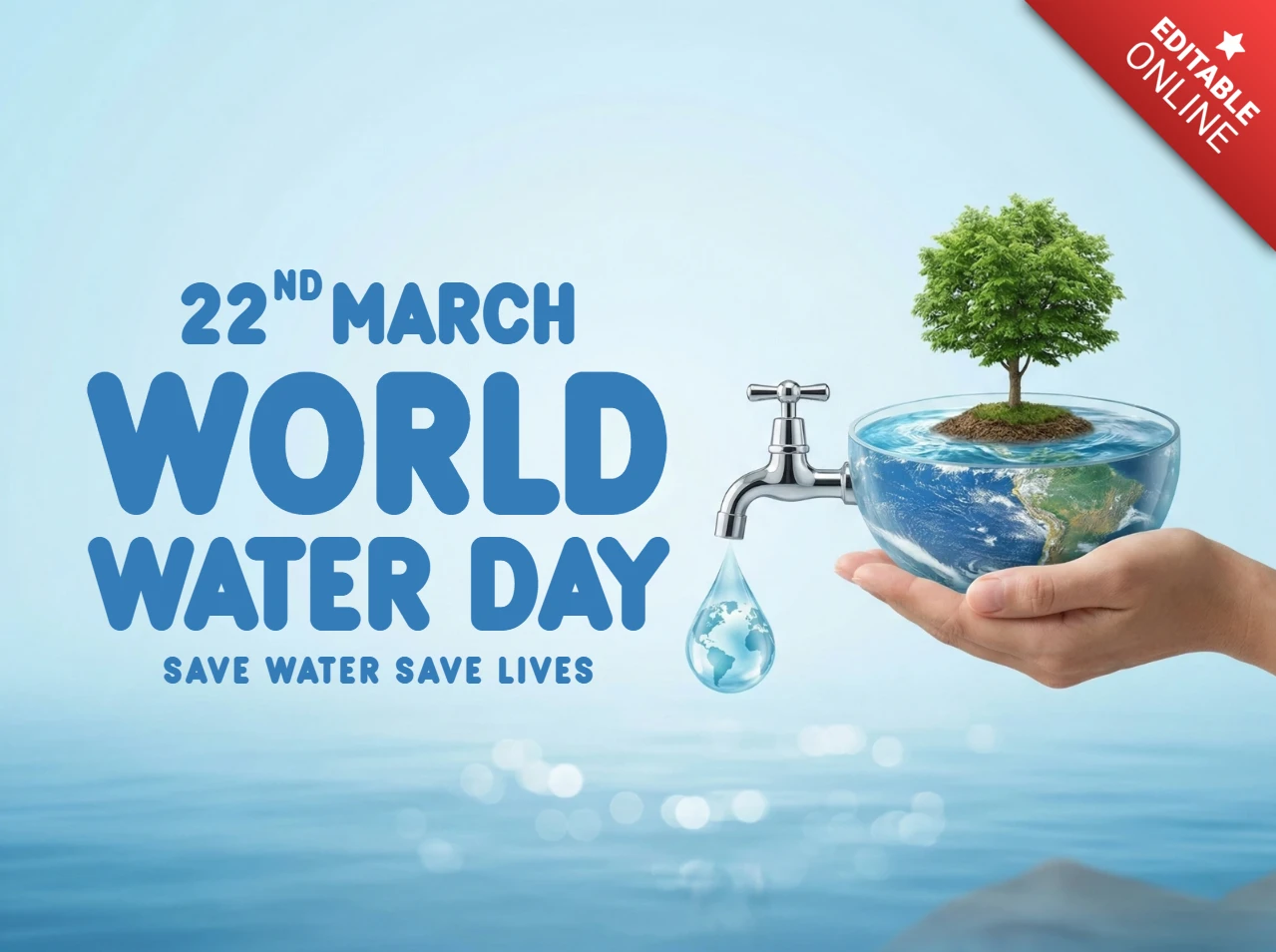 Póster del Día Mundial del Agua 2026, tema "ahorrar agua, salvar vidas" con mano sosteniendo un cuenco de tierra, árbol y gota de grifo.