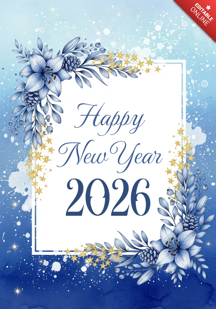 Aquarell Frohes neues Jahr 2026 Grußkarte blaue Blumen Schneeflocken mit goldenen Sternen und elegantem Rahmen