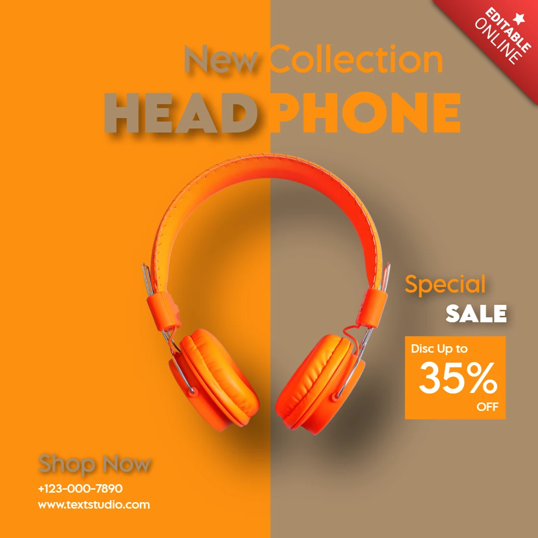 Orange And Gray Minimalist New Collection Headphone Instagram Post Design