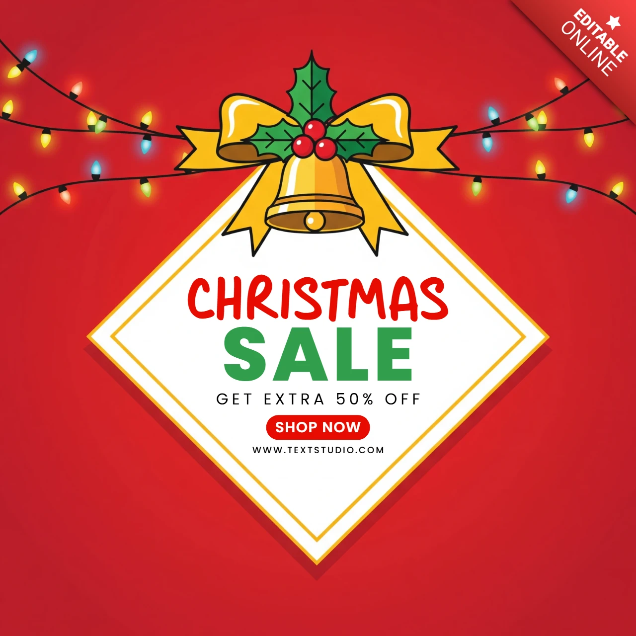 Póster de marketing navideño diseño de venta temática de vacaciones con acentos rojo-dorado y brillo festivo.