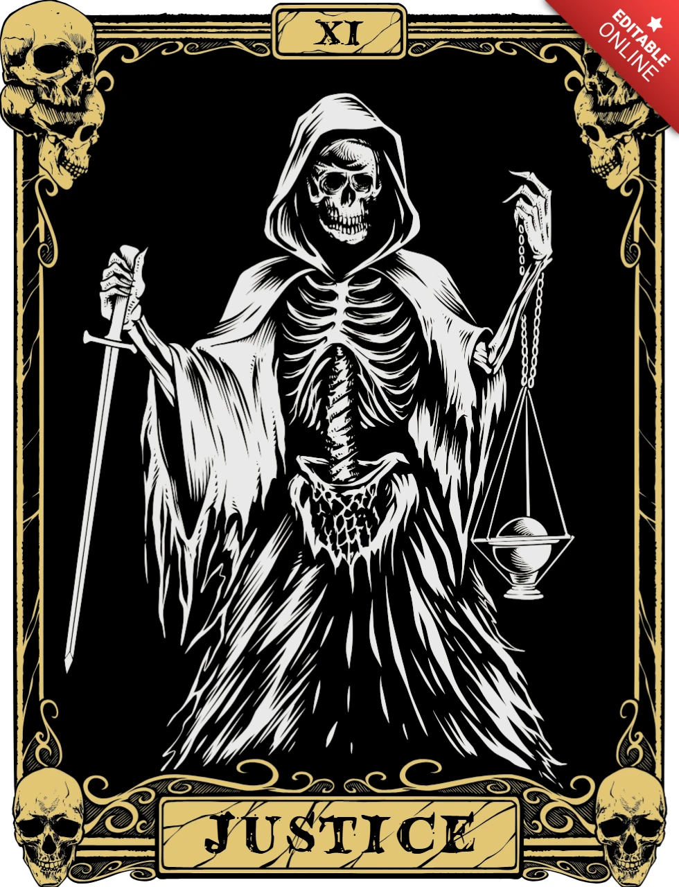 Dark Justice Oracle Card Template: Gothic Skeleton Artwork for Edgy Creations