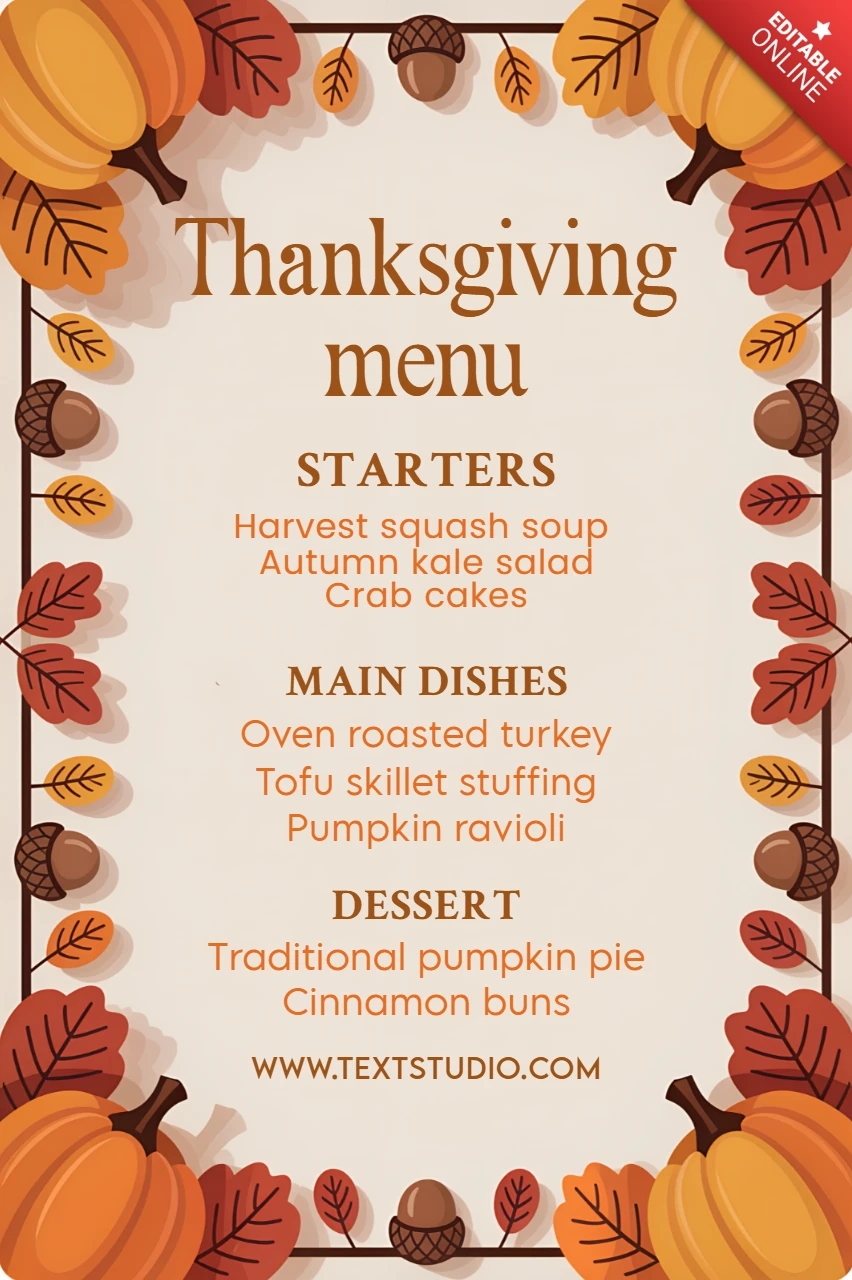 Autumn Themed Thanksgiving Menu Design Template with Pumpkins for Festive Events