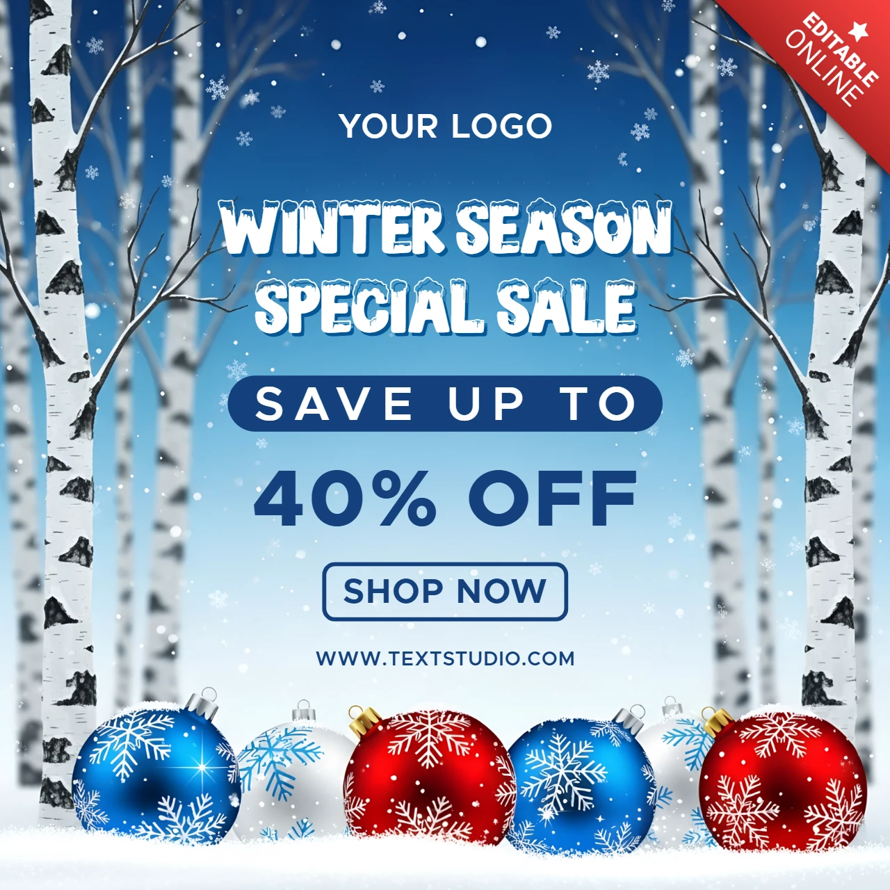 Modelo de design para venda da temporada de inverno com fundo nevado e ornamentos para folhetos promocionais