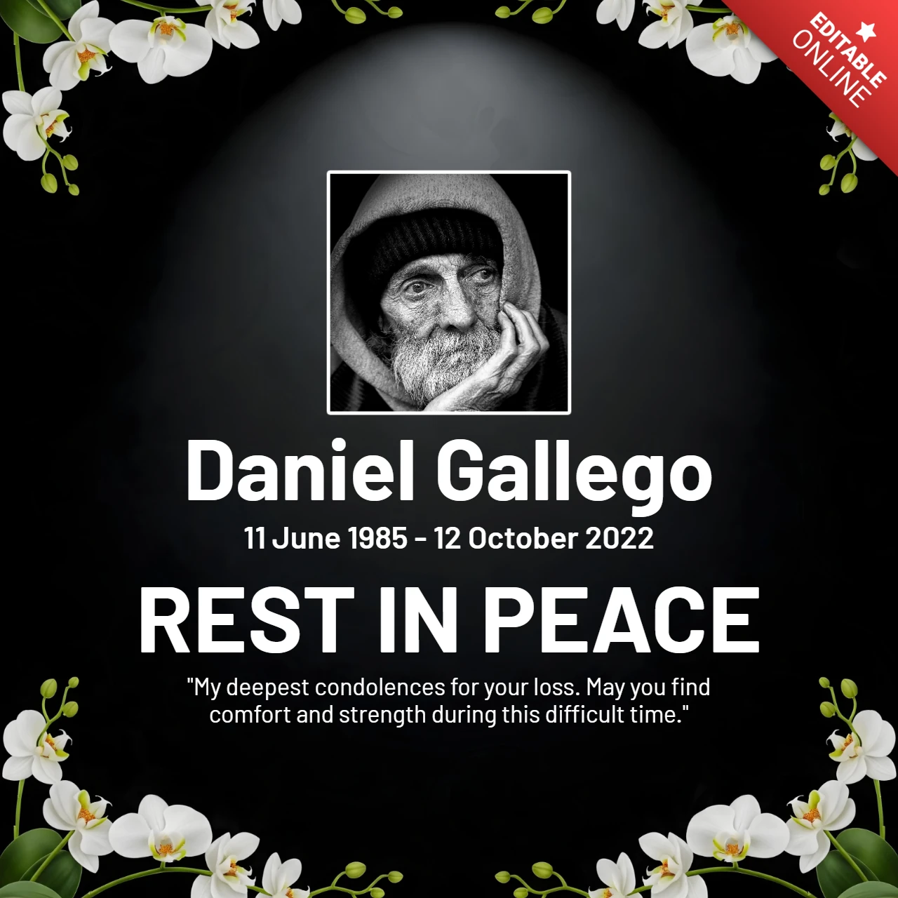 Póster conmemorativo elegante, plantilla de diseño con acentos florales y mensaje de descanse en paz.