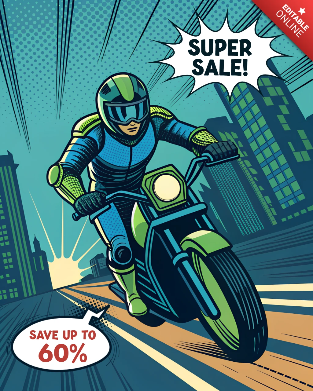 Modèle de conception de vente de moto dans le style de bande dessinée rétro pour des flyers promotionnels