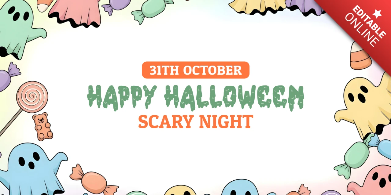 Halloween Scary Night Cute Ghosts, Candies & Colorful Treats Youtube Cover Design Template
