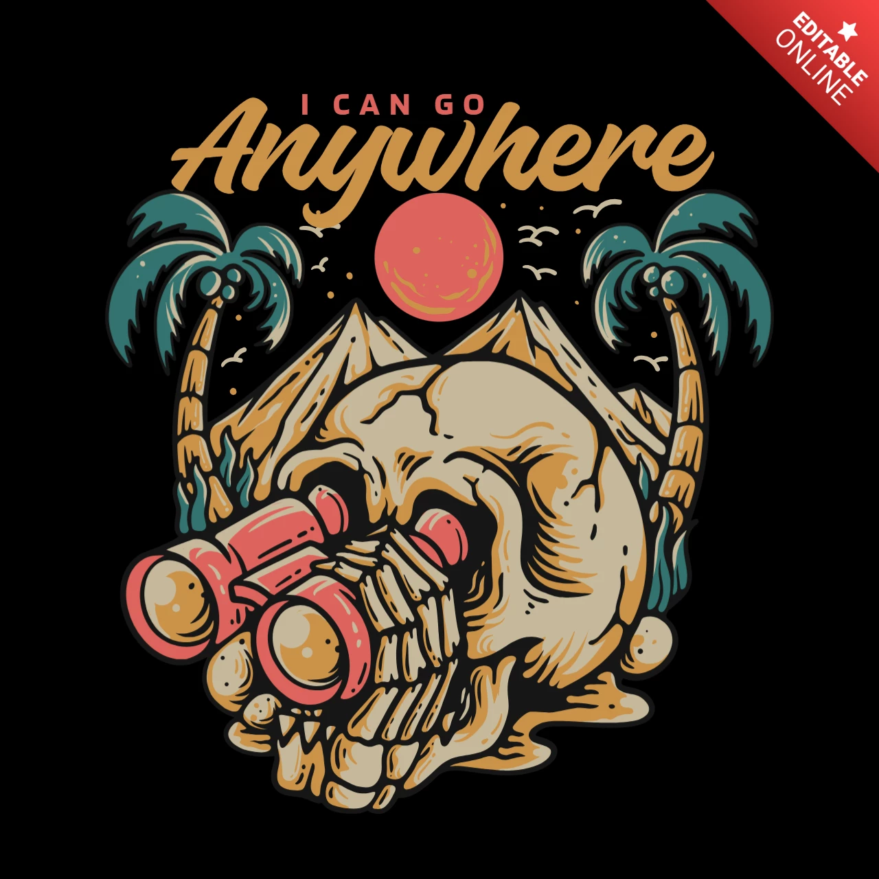 Modelo de design de camiseta vintage com binóculos com aparência de caveira