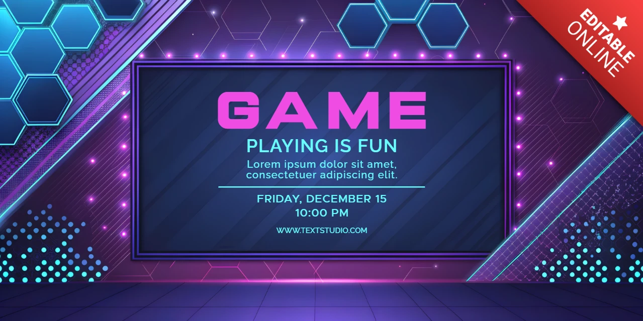 Hexagonal Game Night Template Design with Neon Lights