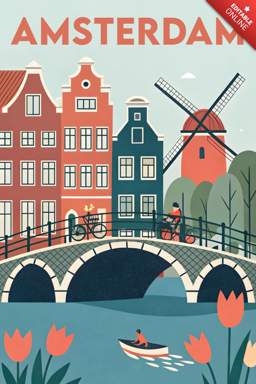 Amsterdam illustrative Designvorlage für retro flache Reiseposter
