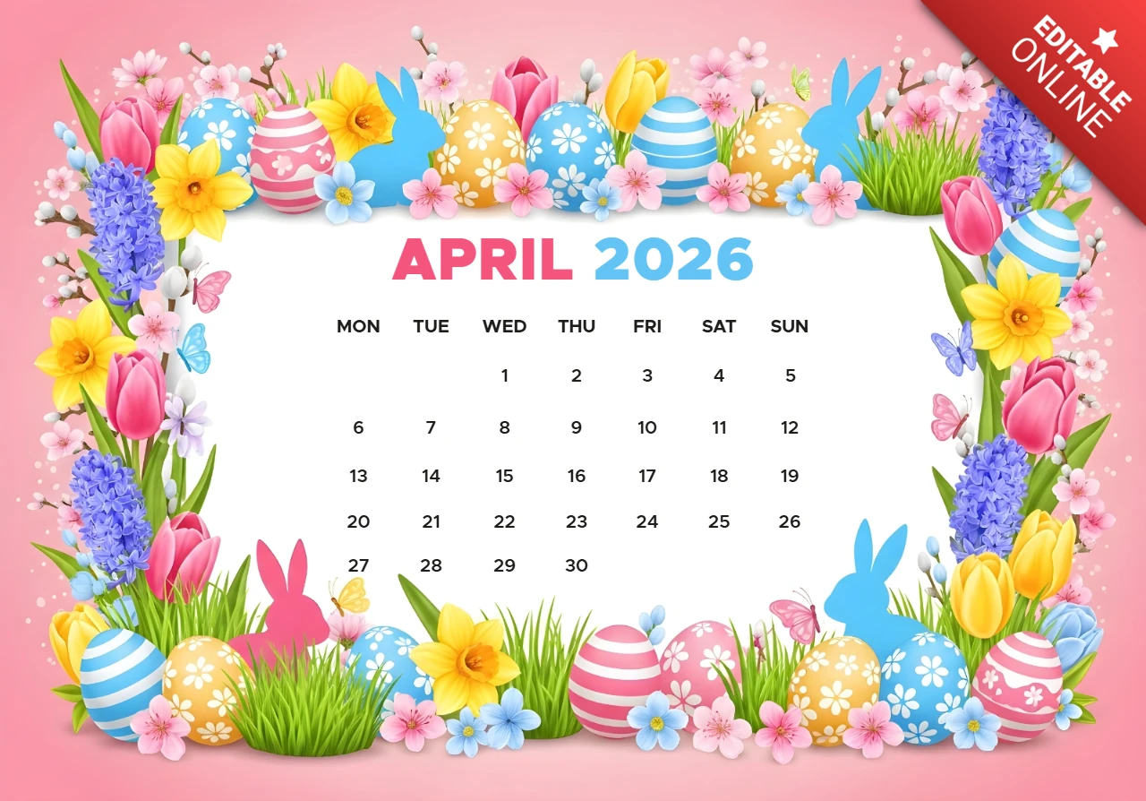 2026年4月のカレンダーポスター — ピンクの背景にイースターエッグ、ウサギ、チューリップ、装飾的な花のテーマ