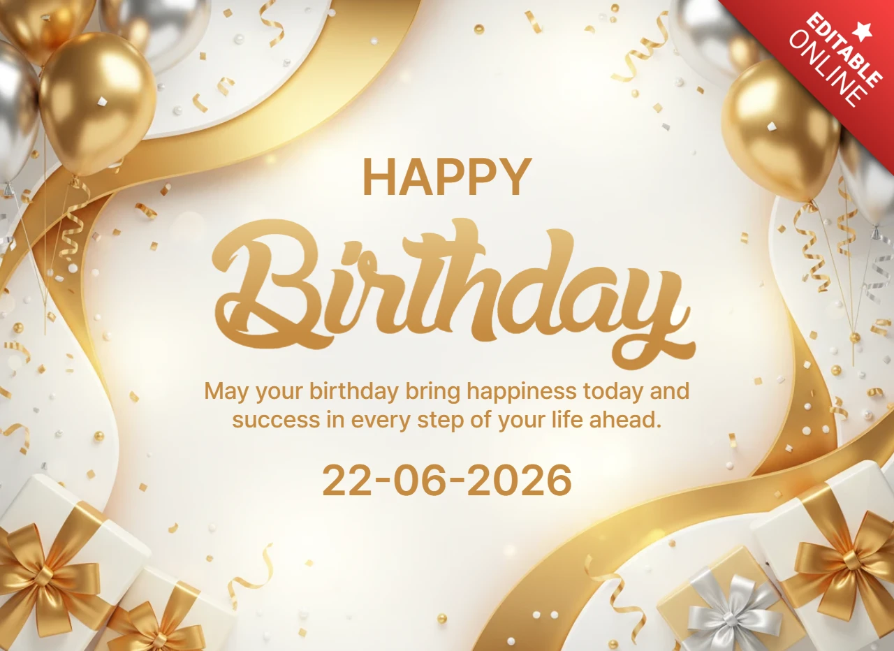 Pôster de feliz aniversário 2026 fundo dourado e branco com balões, confetes, caixas de presente e tema de celebração elegante