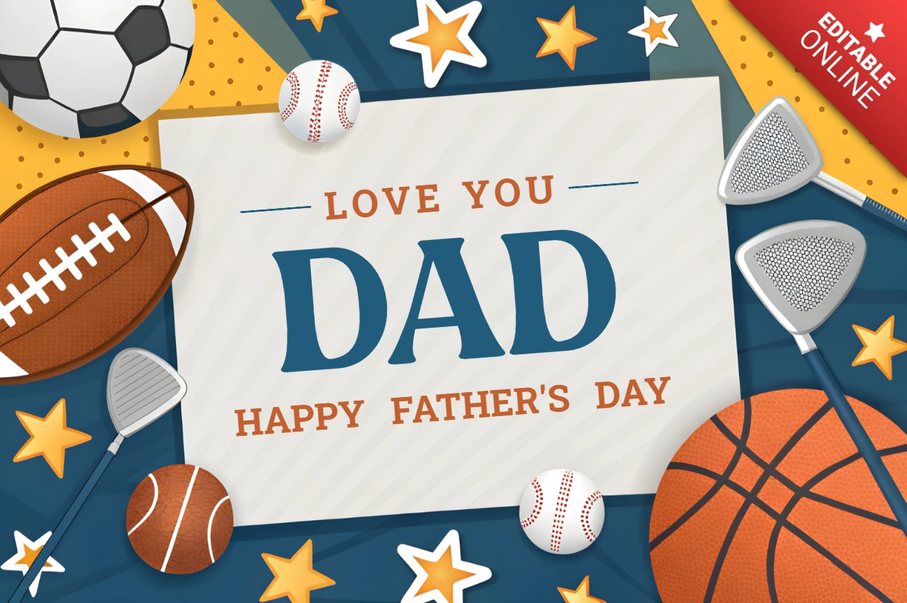 Editable Father's Day Design Template with Sports-Themed Graphics