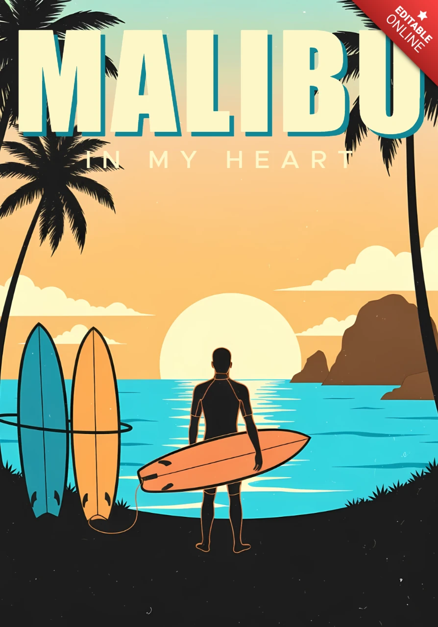 Plantilla de diseño para ropa temática de playa con surf y atardecer en Malibu