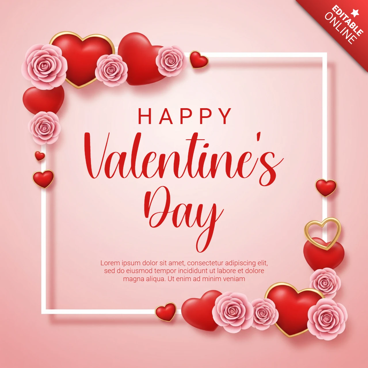Valentine’s Greeting Card Romantic White Frame with Red-Pink Heart Accents and Rose Decor