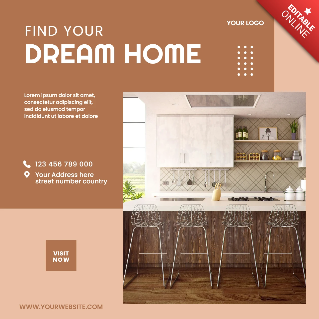 Nowoczesny szablon ulotki nieruchomości z projektem kuchni do promocji wymarzonego domu w beżowych odcieniach